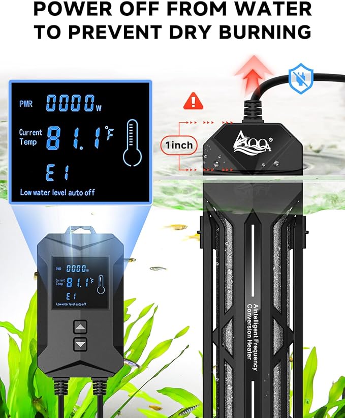 AQQA Aquarium Heater 800W/1000W/1200W/1400W Fish Tank Heater with LED Digital Display 110-120V Submersible No Pond Heaters with Overheat & Dry-Out Protection for Freshwater & Saltwater Tanks (1000W)