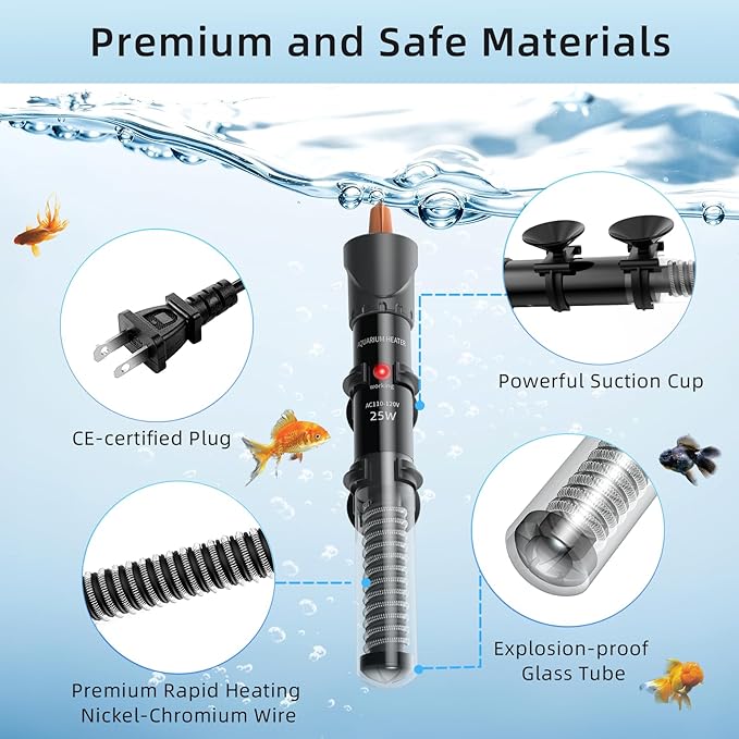 HiTauing Aquarium Heater 25W/50W/100W/200W/300W, Adjustable Knob Fish Tank Heater with Digital Thermometer, Submersible Betta/Turtle Tank Heater for Freshwater and Saltwater Tanks