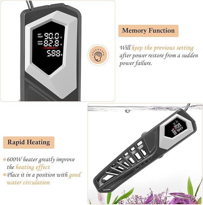 HITOP 600W Titanium Aquarium Heater: Digital Fish Tank Heater with External Controller, Submersible Aquarium Heater with Over-Temperature Protection for Saltwater and Freshwater 75-150Gallon
