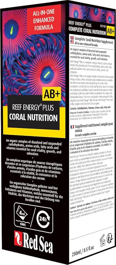 Red Sea Reef Energy Plus 250ml (AB+) All In One Coral Food for Saltwater Aquarium Marine Reef Tanks | Food for Soft, LPS, SPS, and Non-Photosynthetic Corals