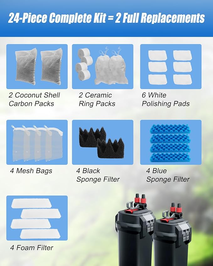 24 Pack Aquarium Filter Media Kit Fit for Fluval 206 207 Canister Filters, Includes Water Polishing Pad, Bio Foam Pad, Foam Blocks, Ceramic Rings, Activated Carbon, Filter Mesh Bag