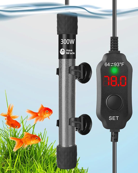 AquaMiracle Aquarium Heater 300W Fish Tank Heater for 40-60 Gal Tanks, LED Digital Display Thermostat Turtle Heater with Out-of-Water Auto Shut-Off, Overheat Protection & Memory Function