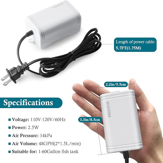 FEDOUR Mini Aquarium Air Pump, 20GPH 48GPH Fish Tank Hang on Oxygen Pump, Ultra Quiet Aquarium Bubbler for up to 60 Gallon Fish Tank