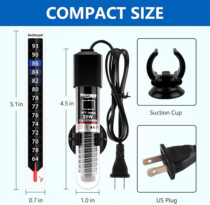 FREESEA Aquarium Fish Tank Heater: 25W/50W/100W/300W Small Submersible Aquarium Heater with Preset Temperature for 1-5 Gallon Betta Turtle Freshwater Saltwater Tank