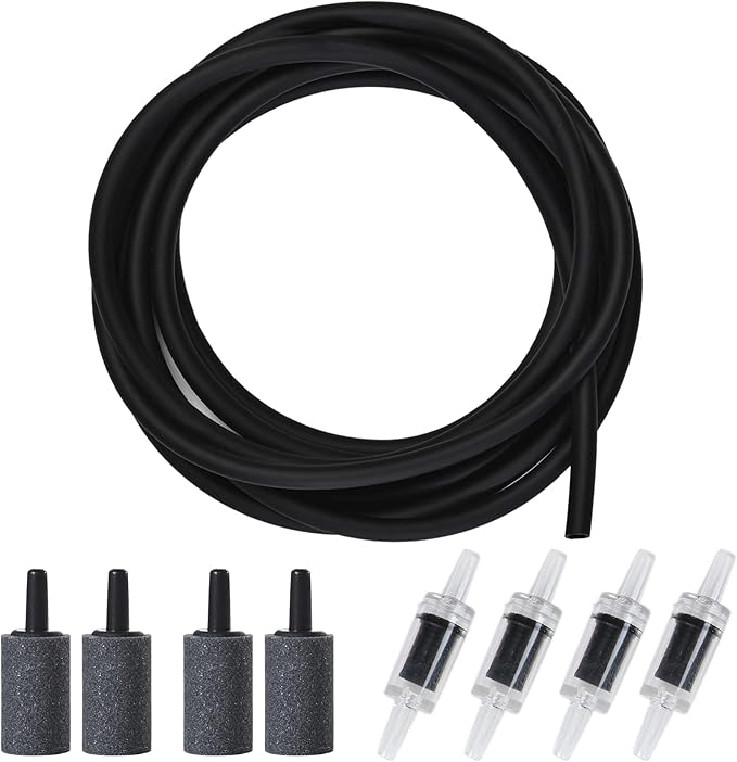ALEGI 12 Feet Aquarium Airline Tubing Standard with 4 Air Stones and 4 Check Valves for Fish Tank Air Pump, Black