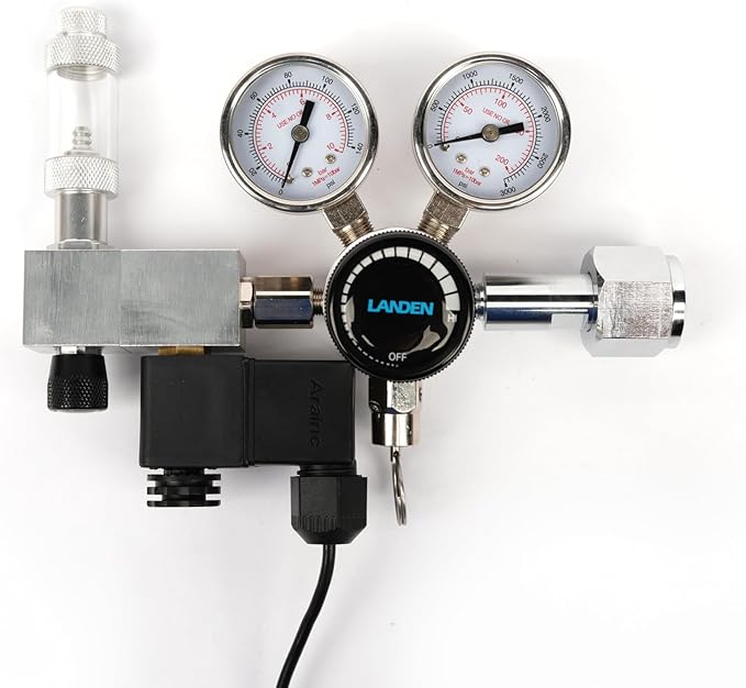 LANDEN AverVita Adv CO2 Regulator, Big Dual Gauges Display, 12V DC Solenoid with Bubble Counter and Check Valve, Safety Assurance, Fits CGA320 CO2 Cylinder Includes CO2 Indicator Solution Kit