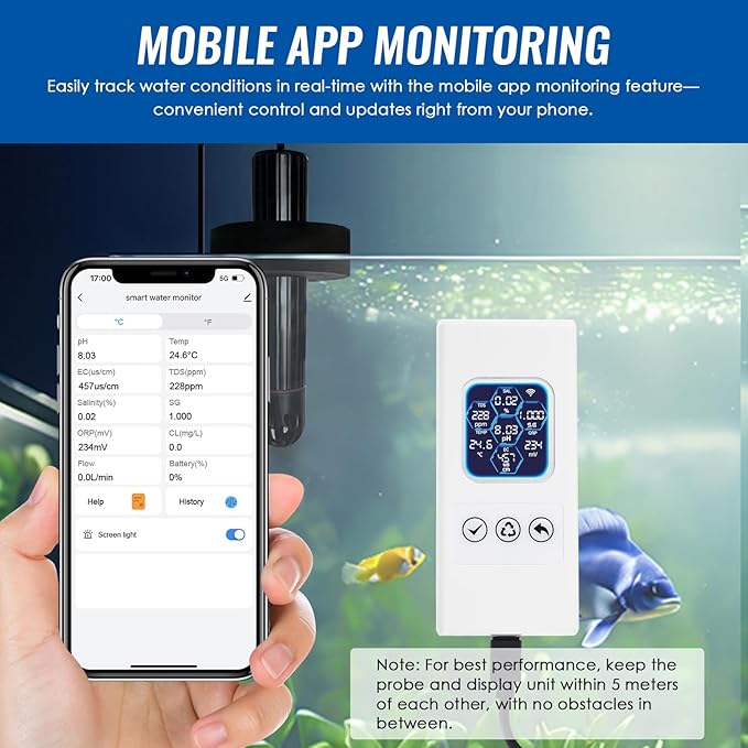 7-in-1 Wireless WiFi Water Quality Monitor, Smart Water Tester Measures pH/TDS/EC/ORP/Salinity/SG/Temp, Multi-Parameter Tester with Real-Time Alerts, Thermometer for Freshwater & Saltwater Aquarium