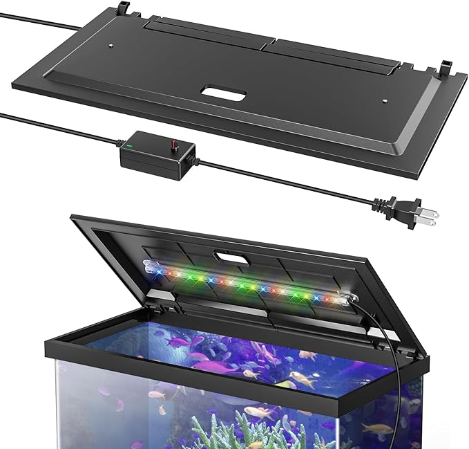 LED Aquarium Hood, Fish Tank Cover with Adjustable-Brightness Colored Light Tubes, Replaceable Full-Length Bulb, Fits 24-Inch Framed Aquariums, Black