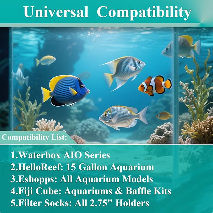 9 Pack 2.75 Inch Filter Socks 225 Micron Fits Waterbox AIO Series Aquariums, Eshopps, Fiji Cube, HelloReef 15G Fish Tank and All 2.75" Filter Sock Holders