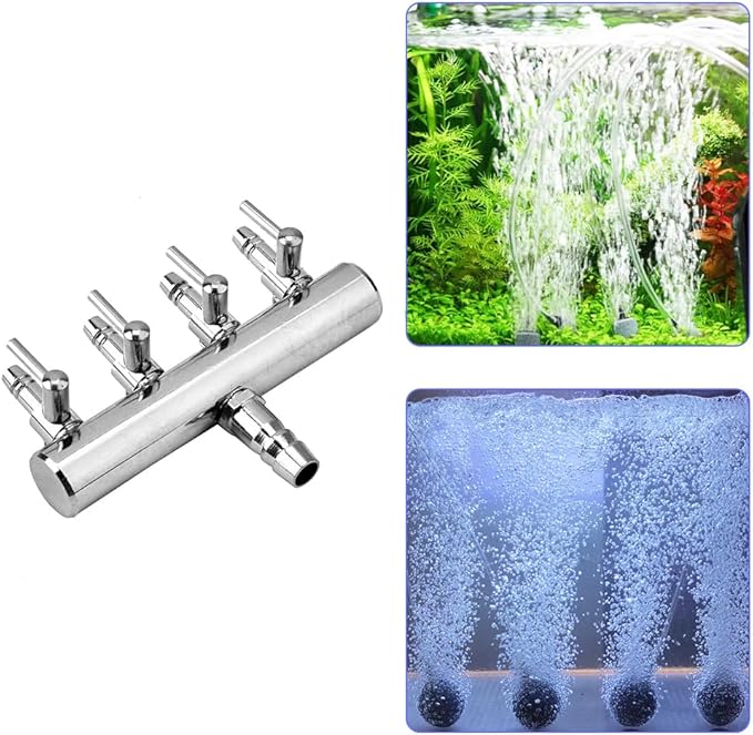 Joyzan Air Splitter Flow Control Valve, Aquarium Flow Gang Lever Pump Distributor 4 Way Stainless Steel Fish Tank Manifolds Multi Port T Shaped Line Metal Regulator Connector Airline Tubing Hose