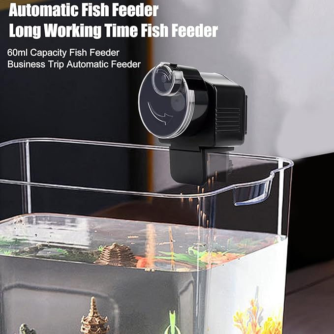 YOXIER Automatic Fish Feeder,60ml Automatic Fish Feeder for Aquarium,Adjustable Fish Food Dispenser Holiday Timer for Pellets Flakes & Strips,Battery Operated Vacation Timer Fish Feeder Automatic Dis