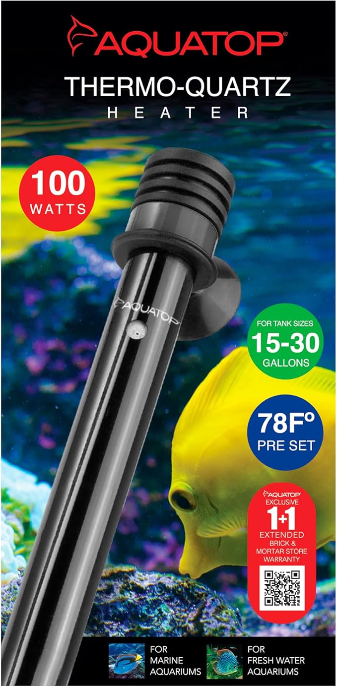 Aquatop 100W Thermo-Quartz Electronic Heater - Fully Submersible for Fish Tanks Up to 30 Gallons, Preset 78F Electric Thermostat, Fresh & Saltwater Use, Aquarium Heaters, TQ-100W