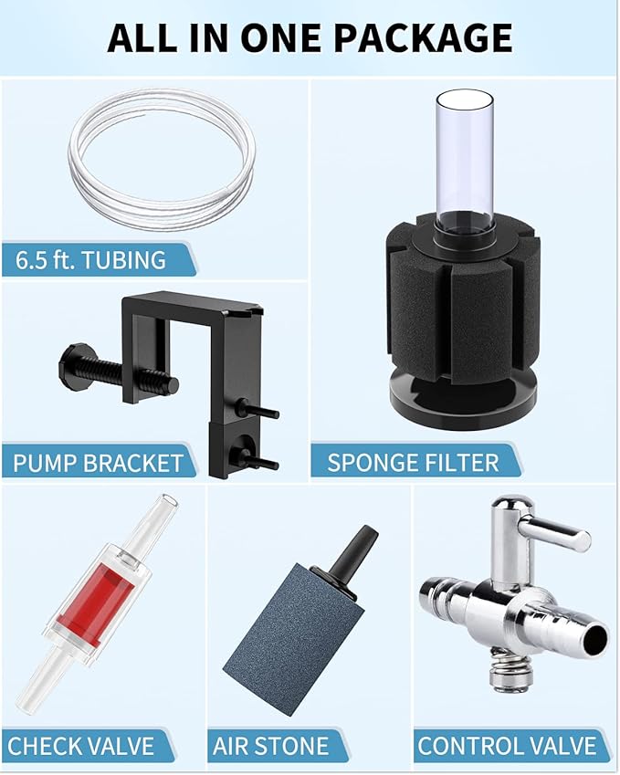 Pawfly Aquarium Air Pump with Nano Bio Sponge Filter Kit Air Control Valve Airline Tubing and Check Valve Accessories