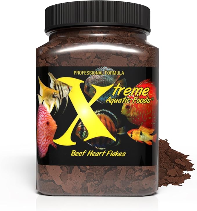 Xtreme Beef Heart Flakes - High Protein, Nutrient-Dense for Tropical & Freshwater Fish, Supports Growth, Color Enhancement, Easy Digestion - Ideal for Discus and Cichlids (3.5oz)