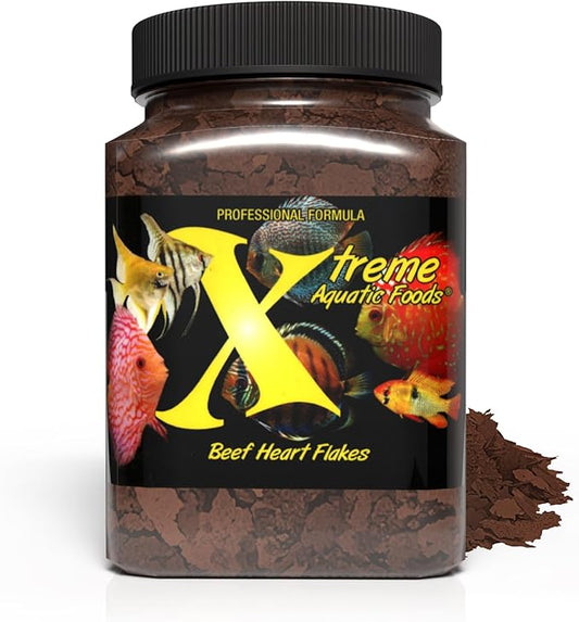 Xtreme Beef Heart Flakes - High Protein, Nutrient-Dense for Tropical & Freshwater Fish, Supports Growth, Color Enhancement, Easy Digestion - Ideal for Discus and Cichlids (3.5oz)