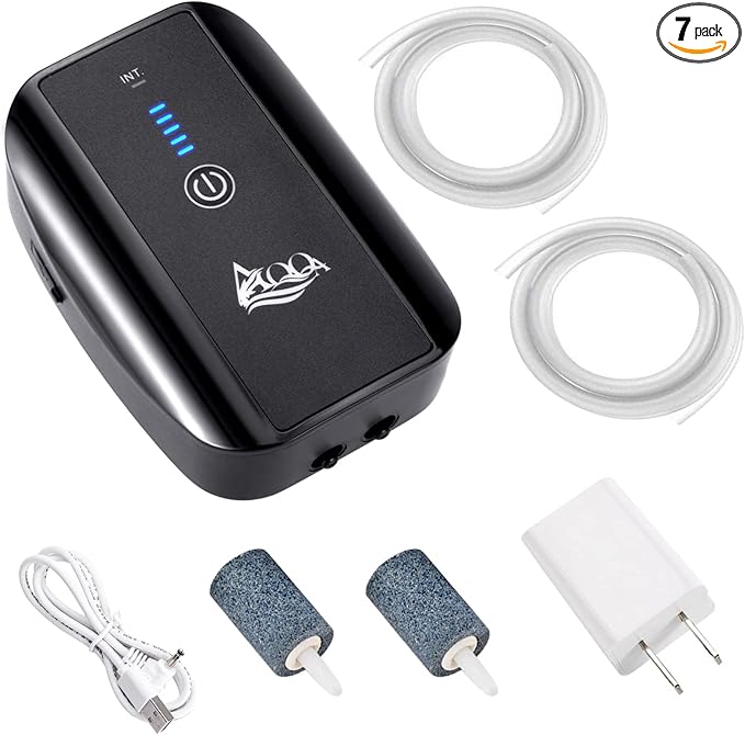 AQQA Aquarium Air Pump, Battery Rechargeable Portable Bubbles Oxygen Pump for Fresh & Saltwater Aquariums with Air Stone, Tubes, USB Cable and Adapter (2.5 W for 1-140Gal Tank)