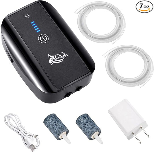 AQQA Aquarium Air Pump, Battery Rechargeable Portable Bubbles Oxygen Pump for Fresh & Saltwater Aquariums with Air Stone, Tubes, USB Cable and Adapter (2.5 W for 1-140Gal Tank)