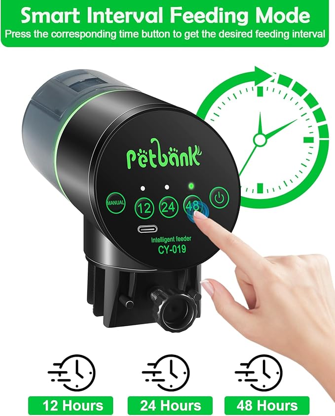 Automatic Fish Feeder for Aquarium - Auto Fish Food Dispenser Rechargeable for Small Large Tank with USB Charger Cable，12/24/48H Interval Esay Set Up (Black, CY-019)