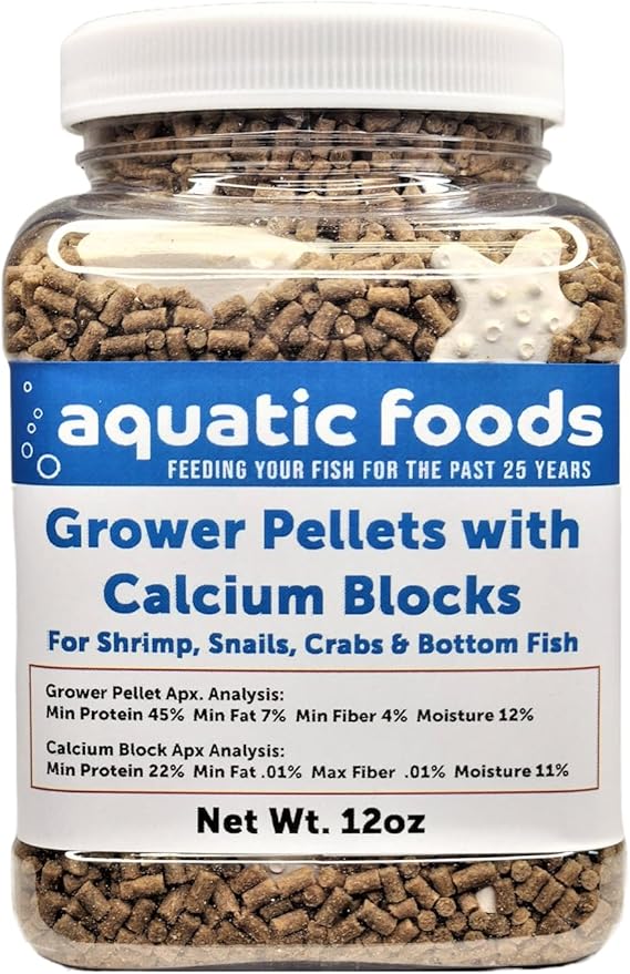 Calcium Blocks Included with Shrimp Grower 45% Protein Sinking Pellets, 1/16" x 3/8" Pellets for Shrimp, Snails, Crabs, Catfish, Plecos, All Tropical Fish, Zeigler..12oz Small Jar