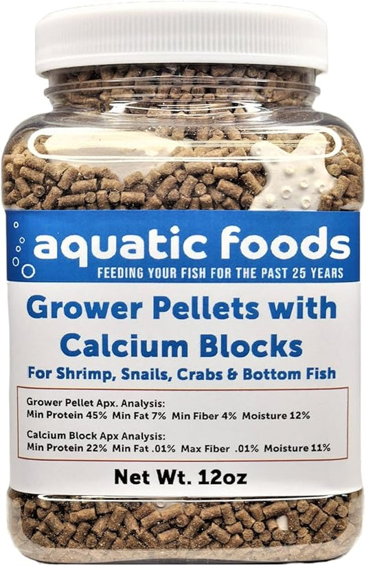 Calcium Blocks Included with Shrimp Grower 45% Protein Sinking Pellets, 1/16" x 3/8" Pellets for Shrimp, Snails, Crabs, Catfish, Plecos, All Tropical Fish, Zeigler..12oz Small Jar