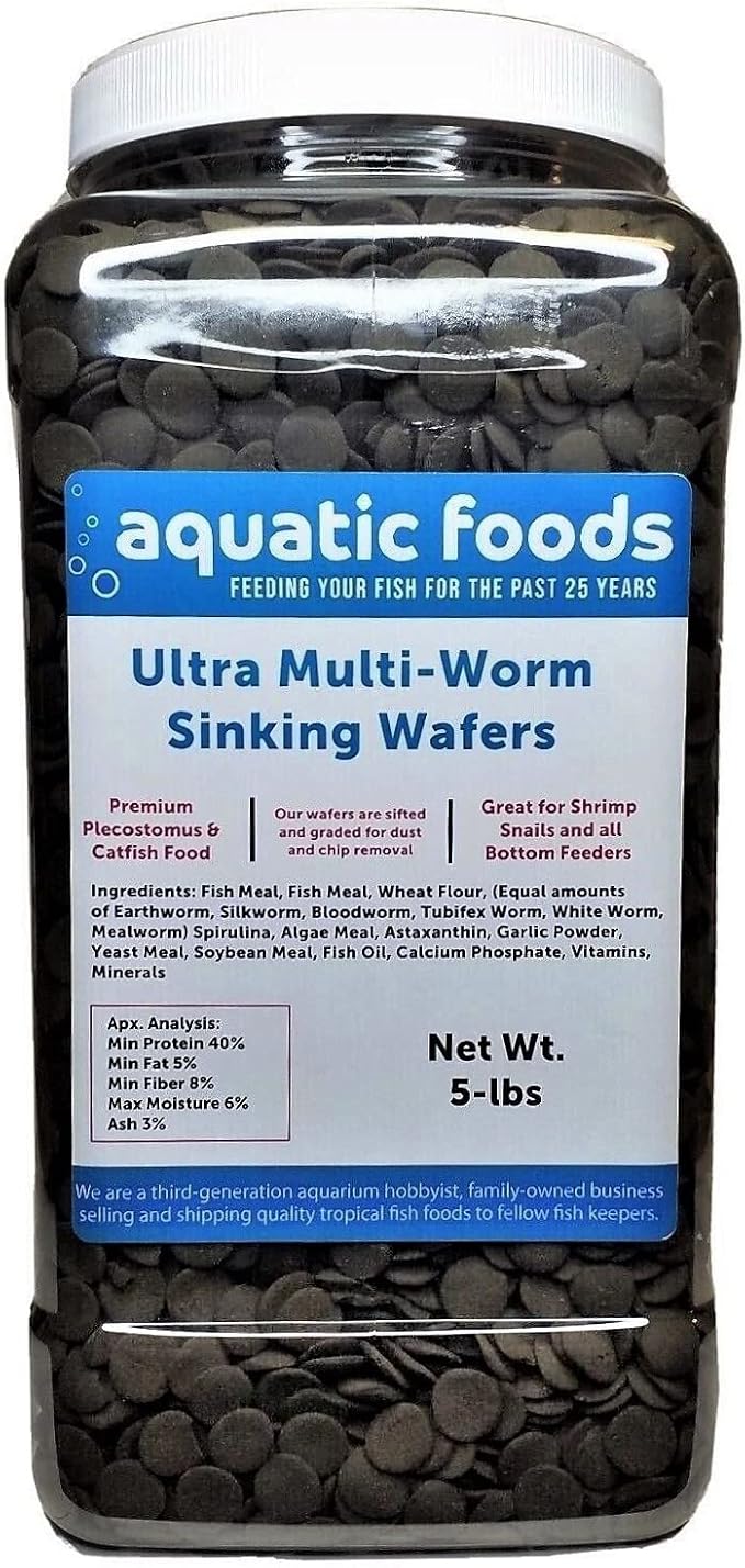 Aquatic Foods Ultra Multi-Worm 12mm - 1/2'' Sinking Wafers of 6-Types of Worms. Ideal for Bottom Fish, Plecos, Shrimp, Snails, Crayfish, All Herbivorous & Omnivorous Tropical Fish...5-lb Jar