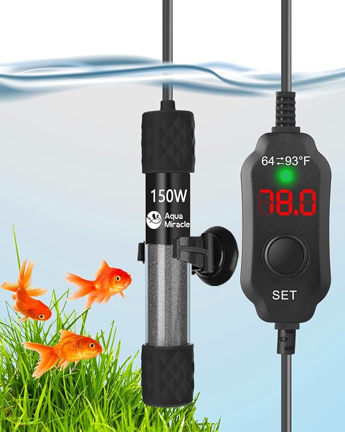 AquaMiracle Aquarium Heater 150W Fish Tank Heater for 15-30 Gal Tanks, LED Digital Display Thermostat Turtle Heater with Out-of-Water Auto Shut-Off, Overheat Protection & Memory Function