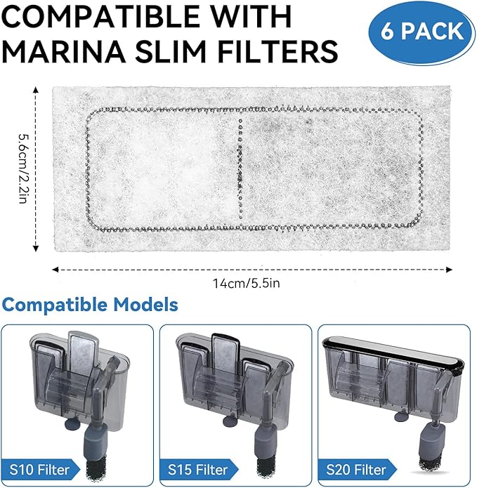 6 Pack Replacement Filter for Marina Slim Filter S10 S15 S20, Fish Tank Filters Cartridges with Carbon and Ceramic, 4 Layer Filtration System, for All Three Marina Slim Filter Models