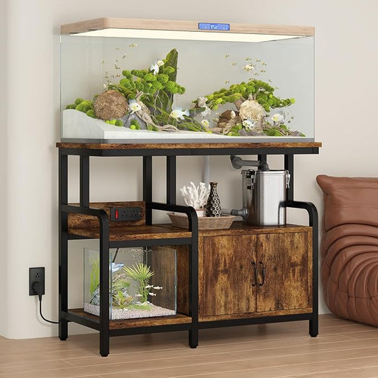 Multi-Tier Aquarium Stand for 20–37 Gallon Fish Tanks, Heavy-Duty 29/30/40 Gallon Fish Tank Stand with Storage Cabinet, Curved Safety Frame, Steel Frame 750 lbs Capacity, Reptile & Terrarium Tank Stand for Home Office