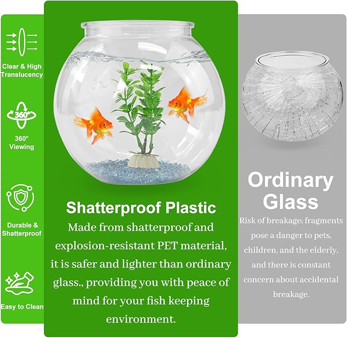 Plastic Goldfish Fish Bowl Drum Round Crystal Clear Aquarium Fish Tank Starter Kits with 1 Artificial Aquatic Plant and 1 Bag Mini Ornamental Stones (0.72Gallon/ 2.75L)