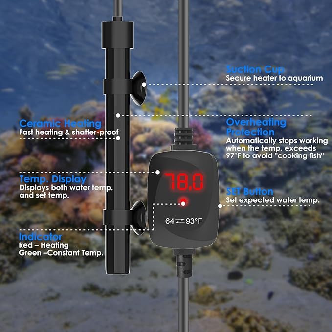 Aquarium Heater 50W Super Small Fish Tank Heater with Digital Display Thermostat, Alumina Ceramic Betta Tank Heater Turtle Heater for 5-10 Gallon Tanks