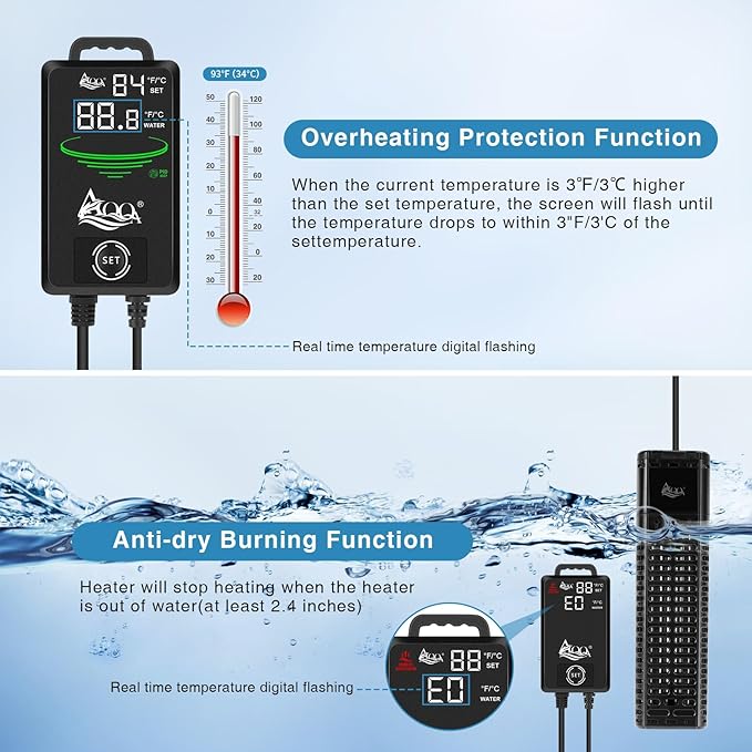 AQQA Aquarium Heater,300W 500W 800W 1000W 1200W Fish Tank Heater,59℉-93℉ Submersible Intelligence Aquarium Heater with Over-Temperature Dry Burning Protection 1200W to 155-265 Gallon