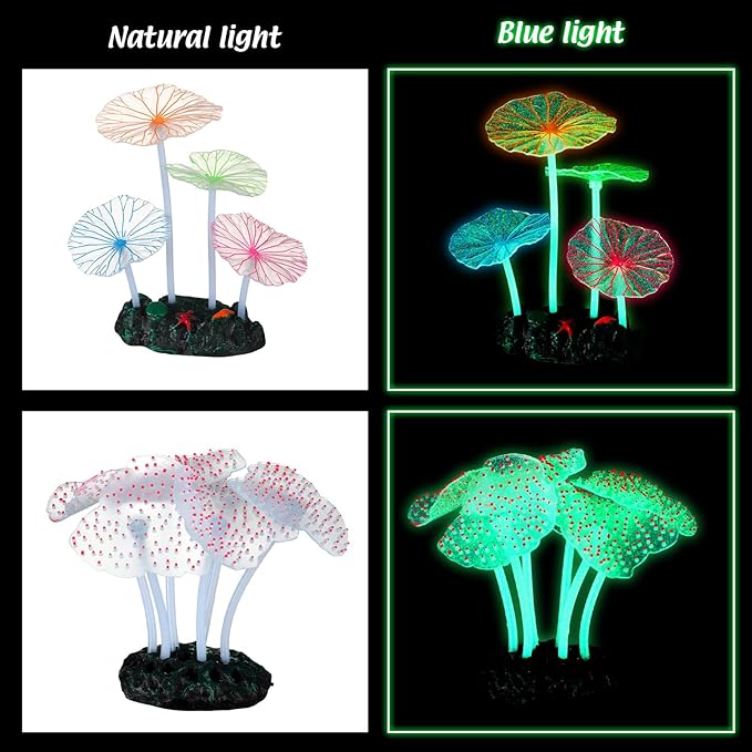 Frienda 8 Pieces Glowing Effect Fish Tank Decorations Artificial Plants with 2 Style Glowing Kelp, Sea Anemone, Simulation Coral, Jellyfish, Lotus Leaf, Mushroom for Aquarium Ornament(Purple, Pink)