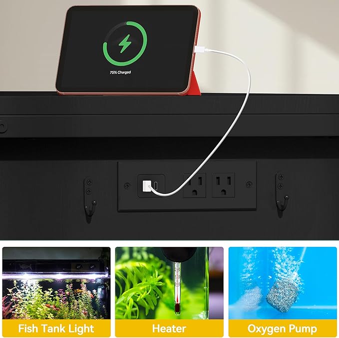 DWVO 40-120 Gallon Fish Tank Stand with Power Outlets, Heavy Duty Aquarium Stand with Storage, Metal Reptile Terrariums Table for Turtle Accessories Storage,1100LBS Capacity, Black