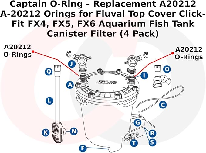 Captain O-Ring – Replacement A20212 A-20212 Orings for Fluval Top Cover Click-Fit FX4, FX5, FX6 Aquarium Fish Tank Canister Filter (4 Pack)
