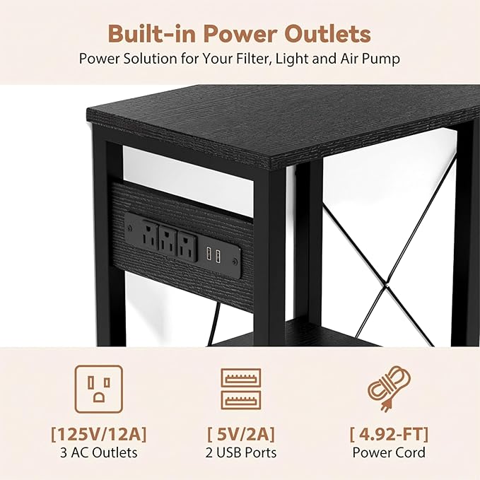 GRLEAF 5-10 Gallon Fish Tank Stand with Power Outlets, 4 Tier Metal Aquarium Stand with Wood Storage Shelves, 20.3" L x 10.6" W x 30.3" H Turtle Reptile Fish Tank Table Aquarium Table - Black