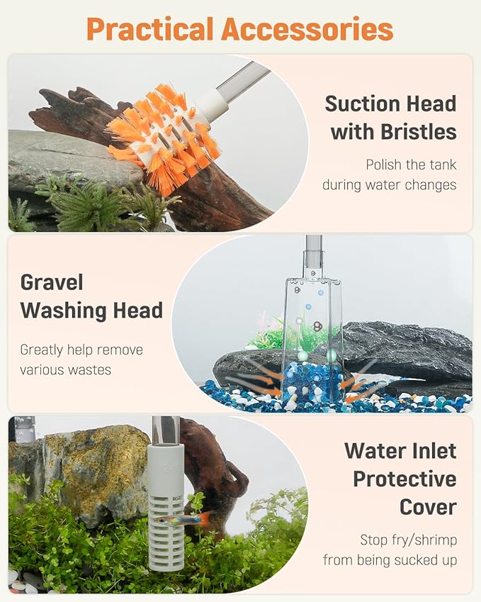Pawfly 3-in-1 Aquarium Water Changer, Gravel Cleaner & Tank Brush – Fish Tank Cleaner with Adjustable Flow, Extendable 11–16in Tubing & 3.75ft Hose for Sand Washing, Water Changing and Maintenance
