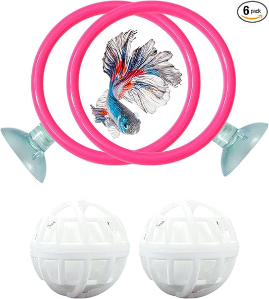 Betta Ring Enrichment Toys with Filter Ball set, Turtle Water Cleaner Ball, Aquarium Feeding Ring with Nitrifying Balls, Betta Fish Toy, Aquatic Turtle Enrichment Toy, Tortoise Supplies (Pink, M-70mm)