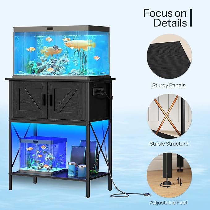 HOOBRO 20 Gallon Fish Tank Stand with Power Outlets and LED Light, Metal Frame Aquarium Stand, Reptile, Turtle Tank Stand with Cabinet Storage, 27.6'' L x 15.7'' W, 300 LBS Capacity, Black BB40UDFT01