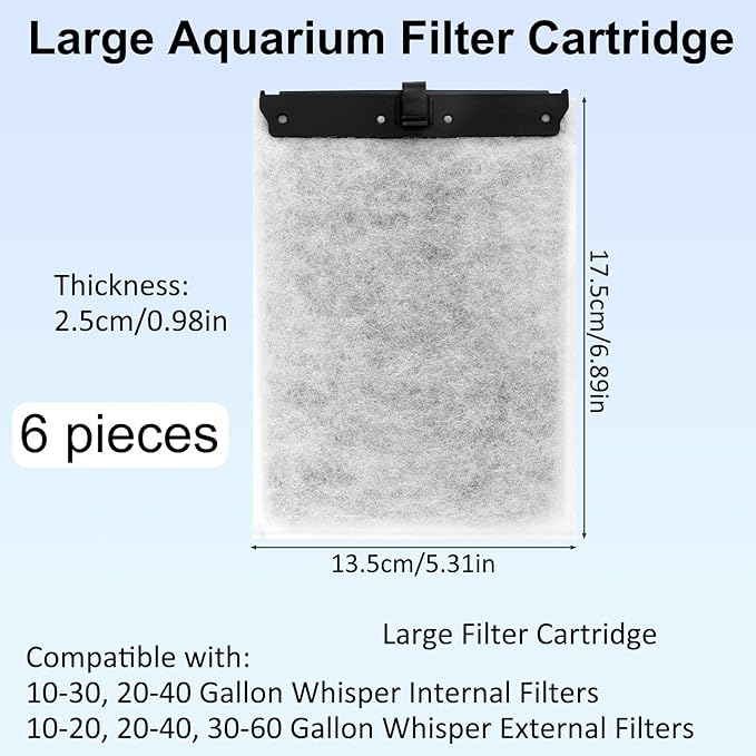 Penitue 6pcs Large Filter Cartridges Compatible with Whisper Bio-Bag Filters, Aquarium Tank Fish Filter Replacements Supplies Stuff for Whisper Filters 20i/40i IQ20/30 PF20/30/40/60 & Reptofilter