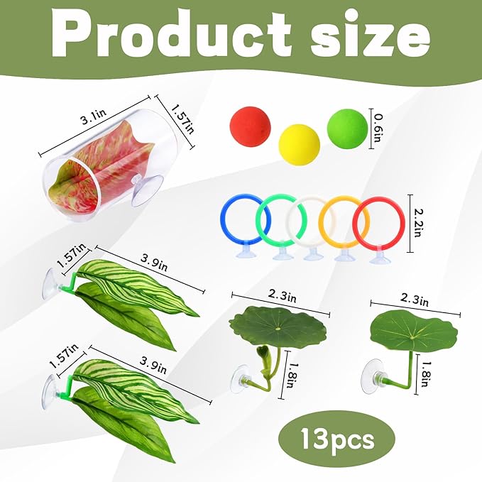 Betta Fish Toys, 13 Piece Betta Toys Set with Five Resting Leaves and Three Floating Balls, Colorful Hoops in Blue Green Yellow White Red, Enrichment Activities for Betta Fish