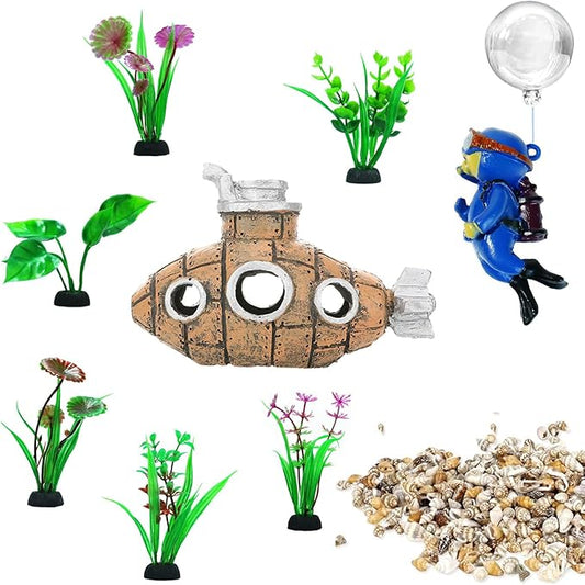 Aquarium Shipwreck Decor Set, Fish Tank Accessories Resin Submarine Ornament Betta Fish Hideout Cave with 6 Artificial Aquatic Plants, 40+ Seashells, 1 Floating Diver for Freshwater Saltwater