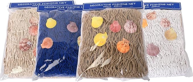 Fish Net Decorations for Party, Natural Cotton Hawaiian Party Large Fishing Net Decorative 78 x 59 Inch, Nautical Themed Cotton Fishnet with 9 Shells for Birthday Wedding Ocean Beach Decor