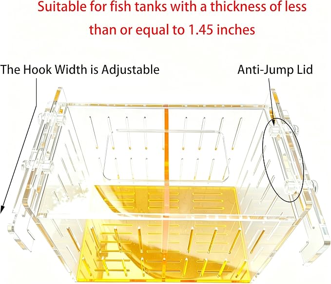 Large Acclimation Box for Saltwater Fish, Acrylic Hang on Back Breeder Box with Divider & Feeding Window, for Saltwater and Freshwater, 9.84 x 8.27 x 6.30 Inches