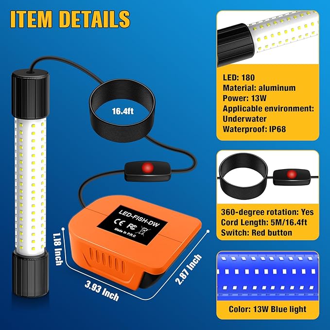 Underwater Fishing Blue Light Compatible with DeWalt 20V Battery,1300 Lumens,LED Light for IP68 Waterproof Submersible Fish Attractor Light for Night/Ice/Boat Fishing(no Battery)