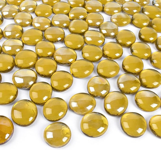 Flat Glass Marbles 1lb, 100PCS Yellow Flat Gems Glass Beads for Vase Filler Garden Aquarium Tank Pebbles Table Floral Decoration