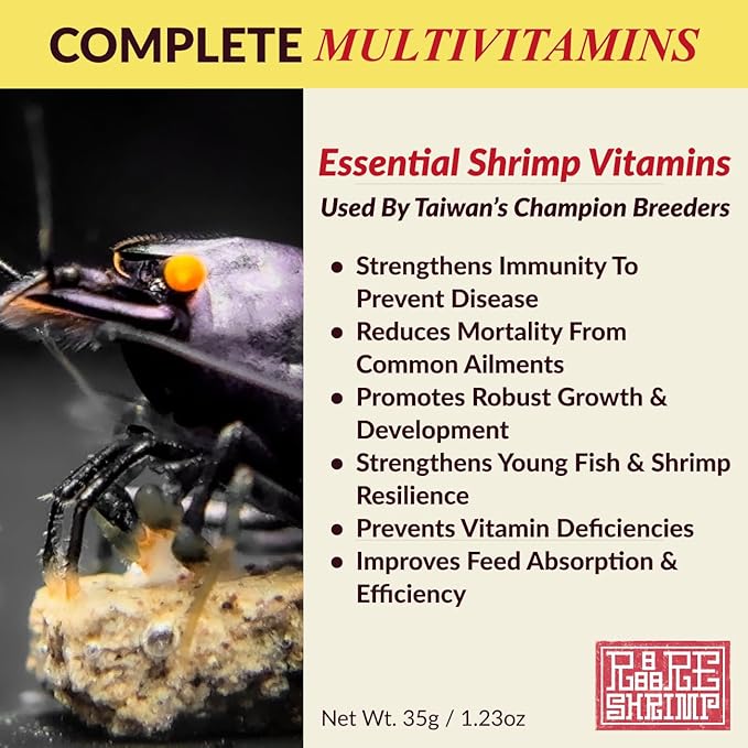 Professional Shrimp Multivitamin Complex - Premium Immunity & Molting Support - Taiwan Breeder Formula with B12, Vitamin C & Folic Acid (35g/1.23oz) for Crystal, Caridina, Cherry, Neocaridina Shrimp
