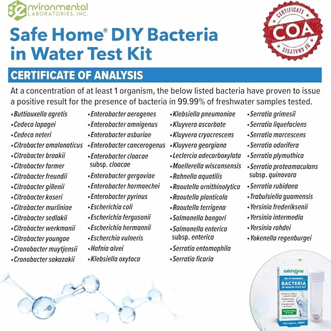 Safe Home® DIY Bacteria in Water Test Kit – Results as Fast as 6 Hours – Detects 50 Different Species of Coliform Bacteria – EPA Lab Certified – Made in the USA – (1 Pack)