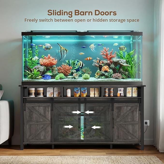 VOWNER 75-120 Gallon Fish Tank Stand with Power Outlet, Farmhouse Aquarium Stand with Storage Cabinet & Sliding Barn Doors, Heavy Duty Reptile Tank Stand, for 2 Tanks, 1000LBS Capacity, Grey