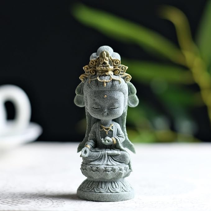 livelyfish Small Guanyin Buddha Statue Quanyin Figurine Sandstone Decorative for Fish Tank Aquarium Decor, Gold
