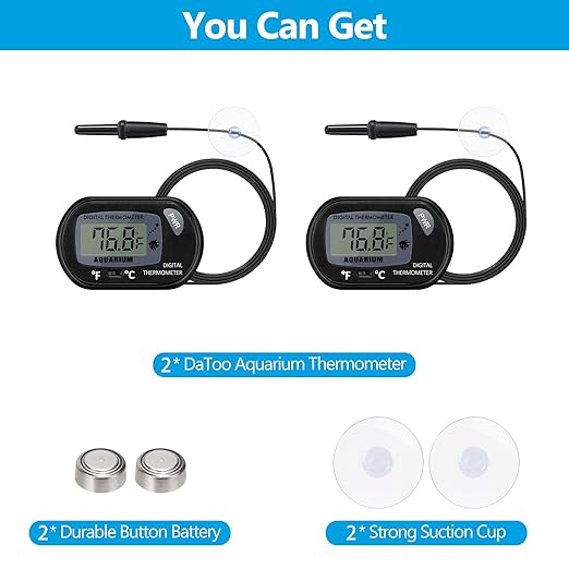 DaToo Aquarium Thermometer with Large LCD Display Fahrenheit/Celsius(℉/℃) Fish Tank Thermometer for Aquarium Reptile Terrarium Digital Water Thermometer with Suction Cup(2 Pack)